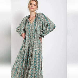 Easel Paisley Mint Green Printed Long Sleeve Gauze Maxi Dress New